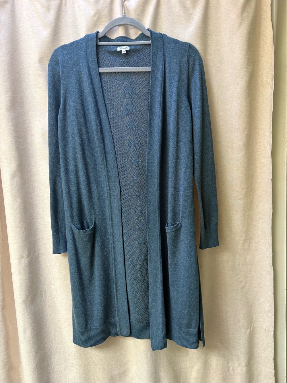 Kismet Teal Open-Front Long Cardigan with Cable Back Detail